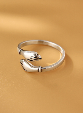 925银手掌拥抱开口戒指个性小众