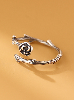 S925银复古玫瑰枝条戒指女开口