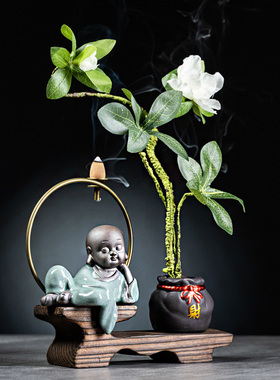 新中式禅意小和尚倒流香炉摆件