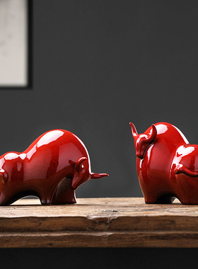 红色牛摆件家居客厅生肖创意陶瓷