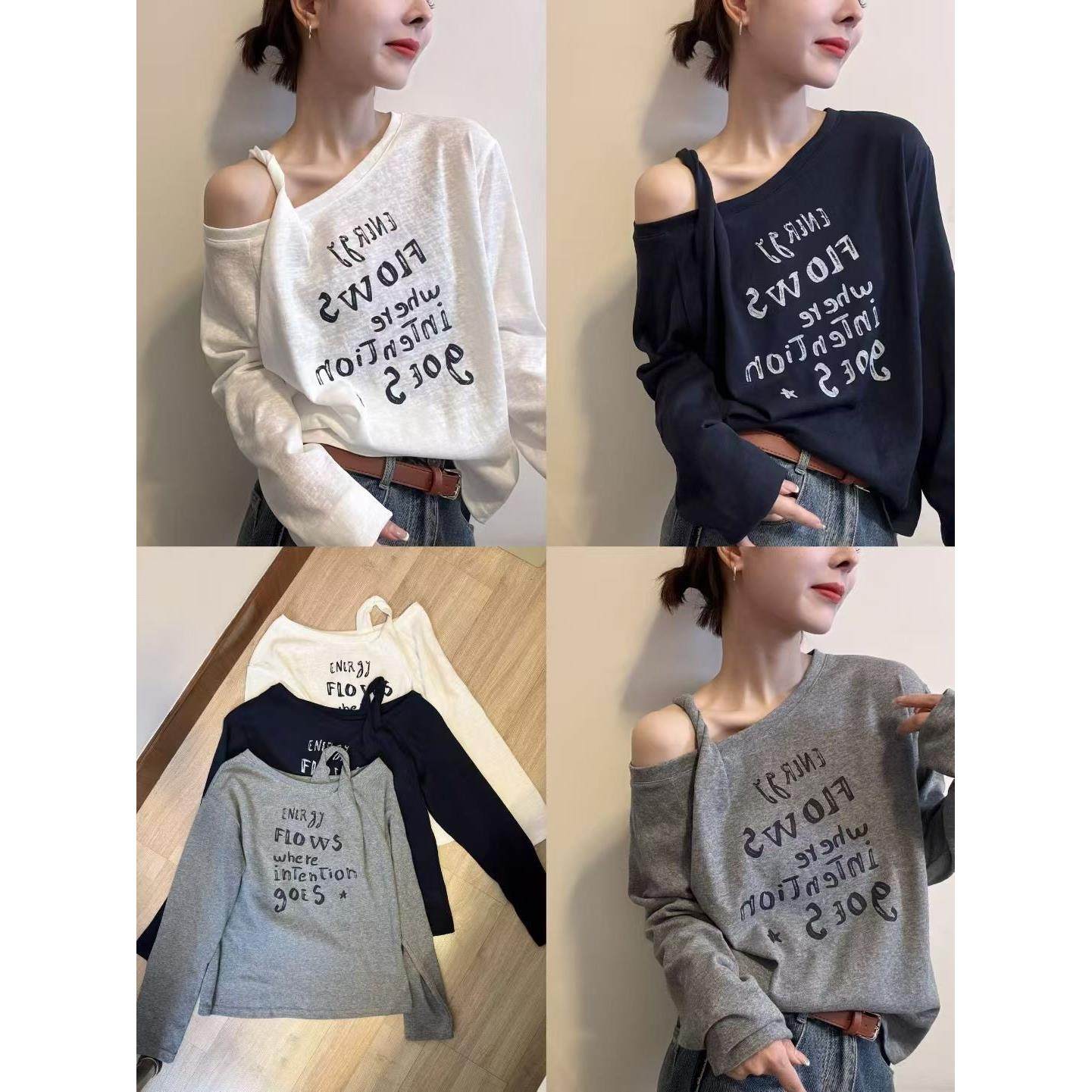 白色斜领露肩字母印花T恤女2025早秋季新款宽松长袖斜领外穿上衣,淘宝优惠券,粉丝福利购,淘宝优惠卷