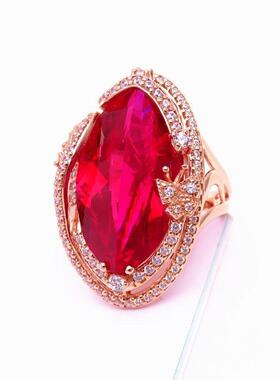 2025俄罗斯紫金镶红石蝴蝶结时尚气质豪华彩金镀玫瑰金菱形戒指