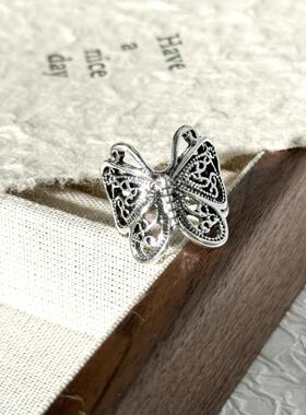 2025小众简约复古时尚气质蝴蝶戒指镂空食指戒指手工开口可调戒女
