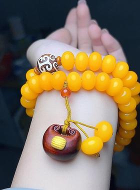 2026黄色菩提拼接小福锁吊坠双圈手串佛珠文玩菩提子情侣手链