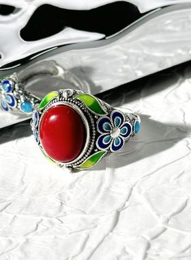 2025小众民族风花丝镶嵌戒指做旧烧蓝复古宫廷指环时尚手工掐丝戒