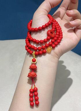 2026朱砂红砂双莲花多圈手串本命年四圈手链男女款饰品红色圆珠