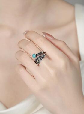 2026新款欧美几何镶嵌复古绿松石羽毛戒指复古孔雀石羽毛戒指工厂