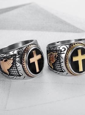 2025跨境爆品配饰 欧美潮男钛钢十字架男士戒指 黑色滴胶上帝之手