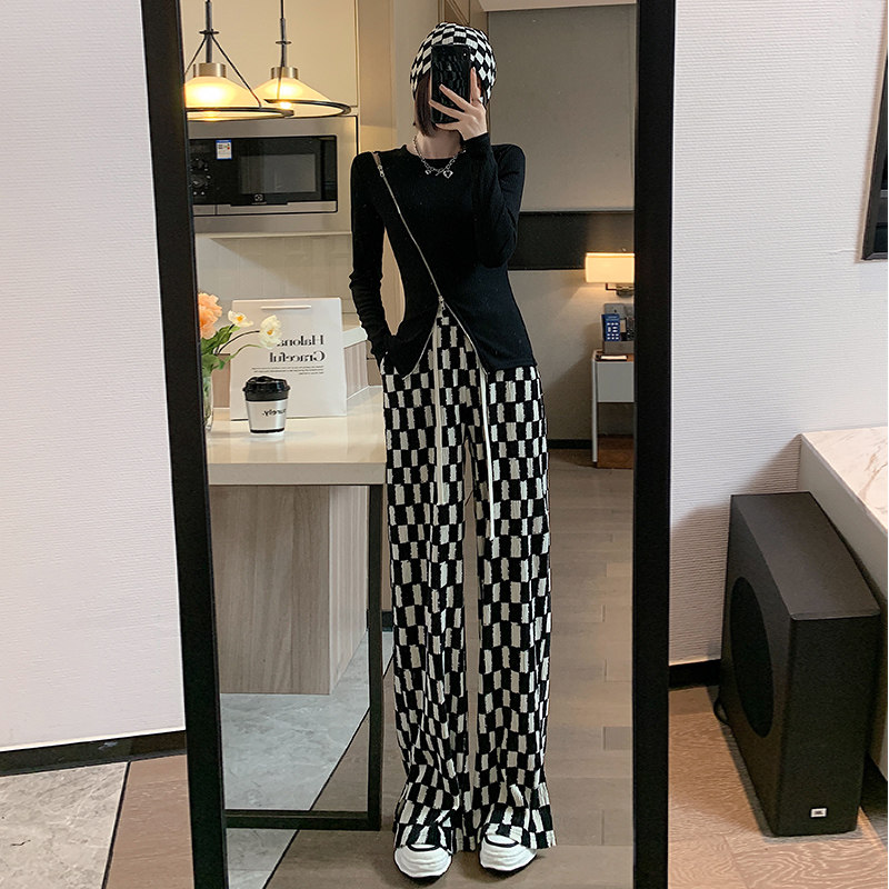 棋盘格阔腿裤夏季2022新款休闲裤子 莉诗琳休闲裤