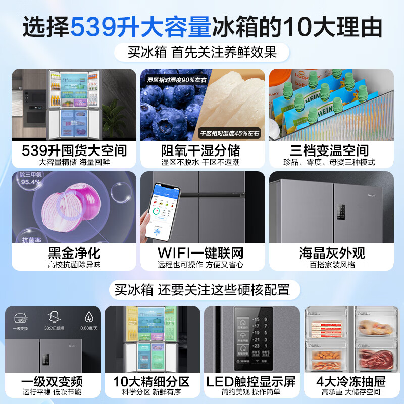 [政府补贴]海尔冰箱家用539L大容量统帅十字对开四门无霜一级变频