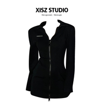 American livecollar zipped long sleeve dress with dress lady autumn and winter style small crowd to fix up waist and hot girl bag hip and acrobae dress