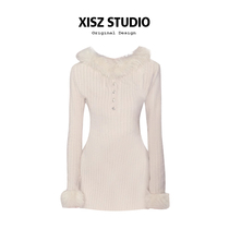 Design sense gross fur collar splicing even clot dress woman autumn and winter match with big coat to slim fit and thin hip short skirt