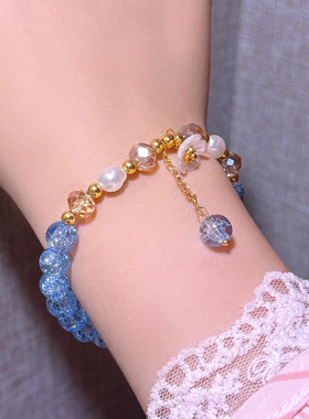 蓝色琉璃珠铃兰花水晶手串