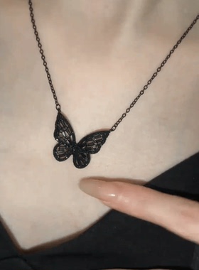 黑色水晶蝴蝶吊坠项链女