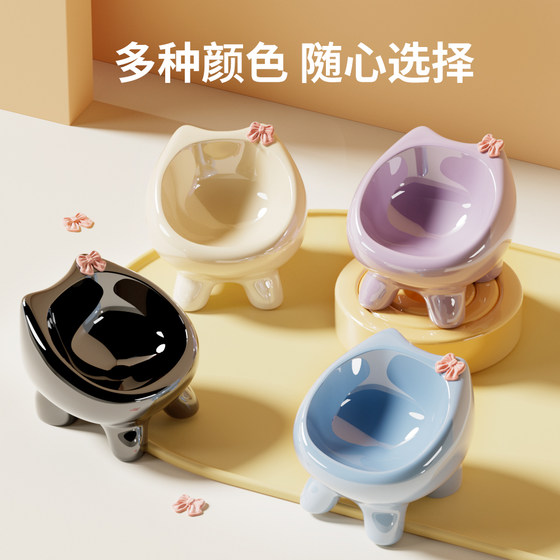 Cat bowl ceramic cute anti-black chin slanted mouth protects the cervical spine and is not easy to knock over cat rice bowl pet dog bowl dog basin
