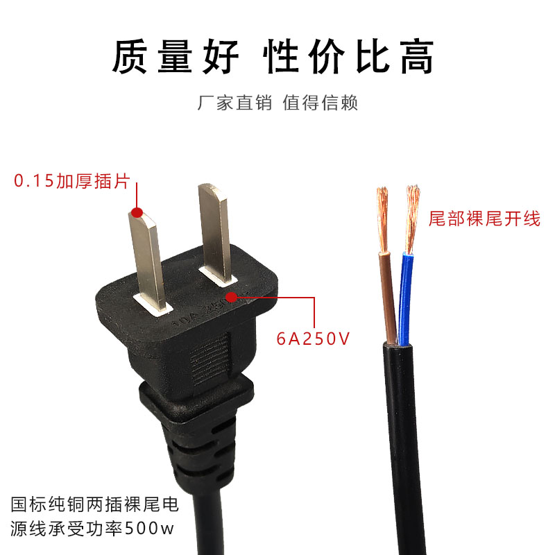 纯铜国标线两项插头电源线 电插头带插头两孔 2*0.75平方二插防漏 - 图0