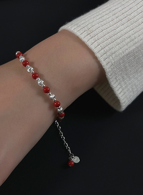 ELOANE GALLERY落岸天然朱砂纯银猫眼珠红色手链本命年小众轻奢女