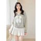 Qiushui Yiren Ole bow striped sweater women's temperament V-neck long-sleeved sweater autumn slimming outfit