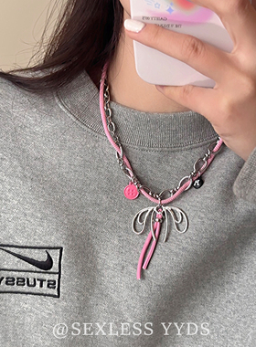 yyds双层粉色蝴蝶结项链