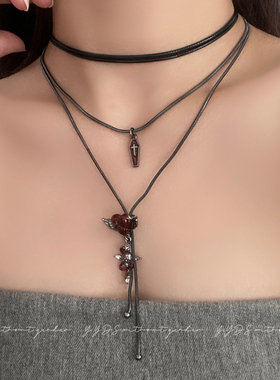 多层暗黑十字架爱心项链女