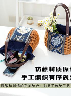 新中式手作仿藤编壮锦刺绣复古