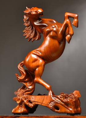 花梨木雕马到成功摆件实木生肖