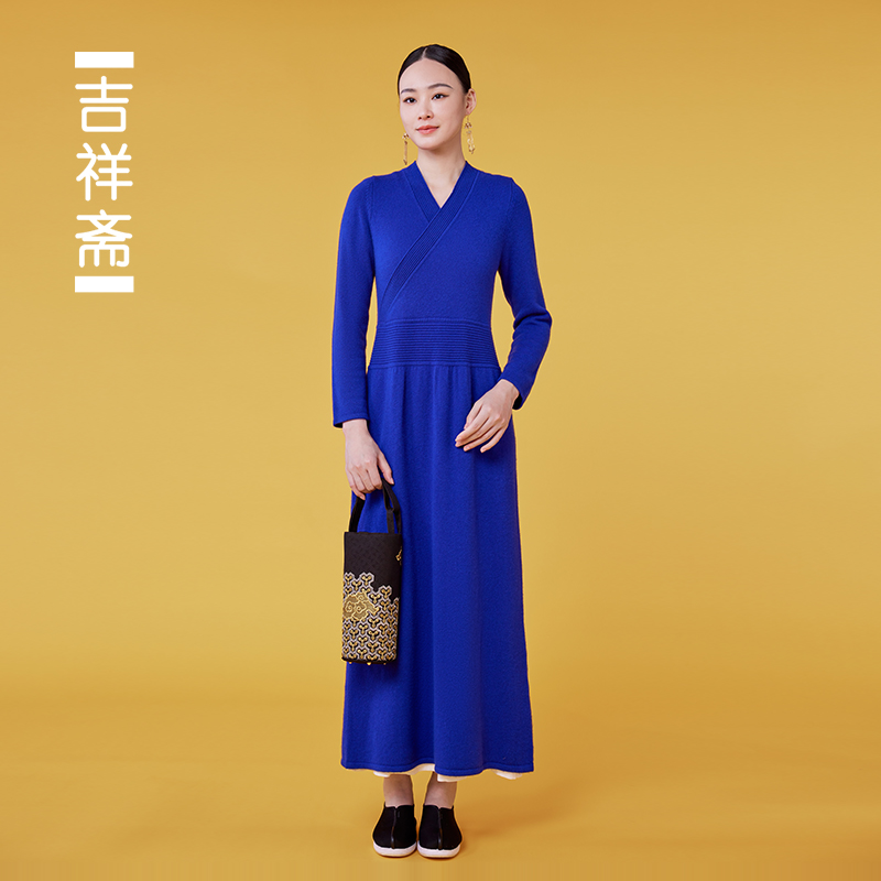|吉祥斋|繁华锦绣羊绒针织连衣裙 交领收腰羊绒针织连衣裙