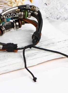 速卖通蓝色眼睛手镯串珠多层牛皮