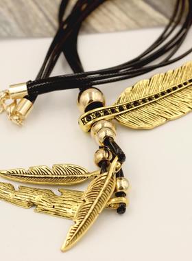 法式复古新款三个颜色多层绳子羽毛项链 树叶流苏女士毛衣链项链