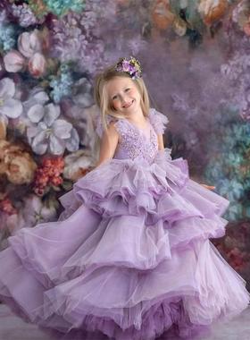儿童礼服公主裙2023春季女童紫色钢琴演出服主持人气质走秀晚礼服