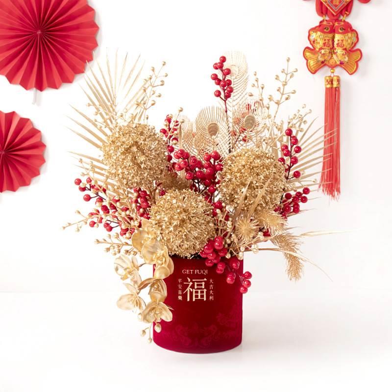 新年套二植绒福桶抱抱桶红色年宵花礼盒金色插花桶鲜花花艺包装盒 - 图3