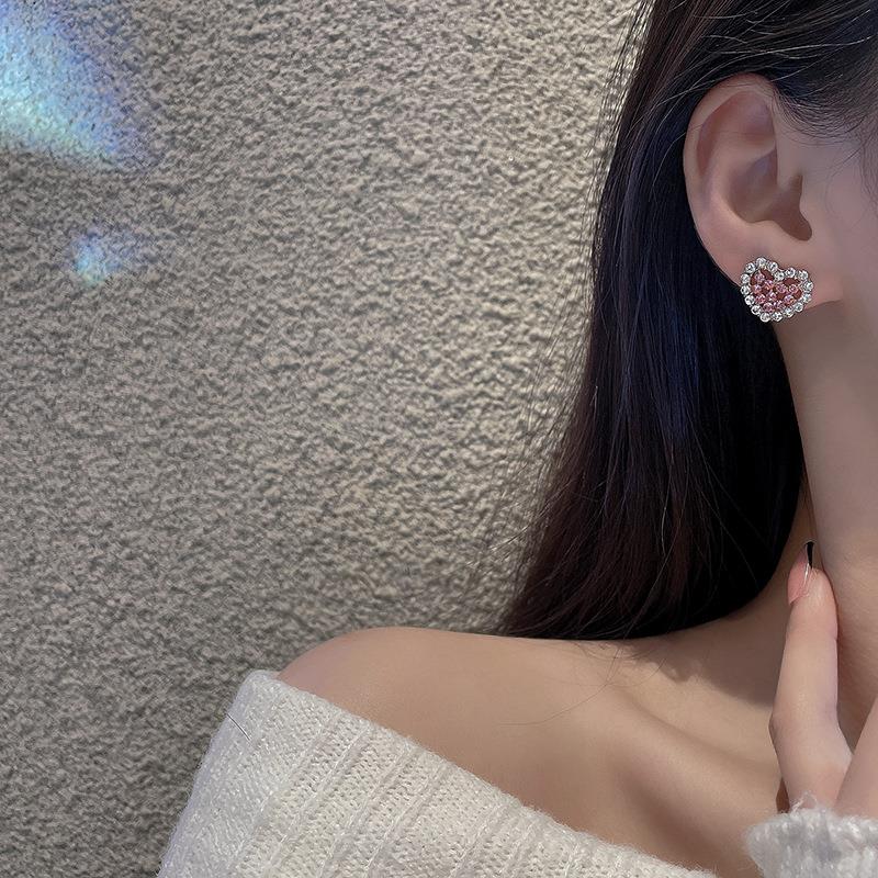 韩国粉色闪钻爱心耳环女气质高级感韩系耳钉轻奢小众网红耳饰定制