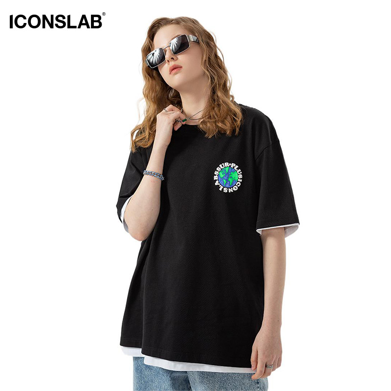 【曹曦月同款】ICONSLAB 涂鸦地球短袖印花情侣潮牌T恤男女同款夏 - 图2