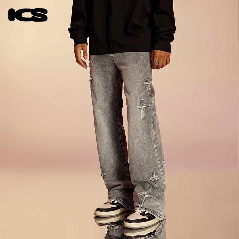 【夏之光同款】 iconslab 贴布十字星微喇裤做旧牛仔裤设计感裤子 - 图1