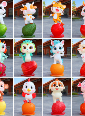 卡通十二生肖玻璃钢发光雕塑户外幼儿园商场美陈装饰动物小品摆件