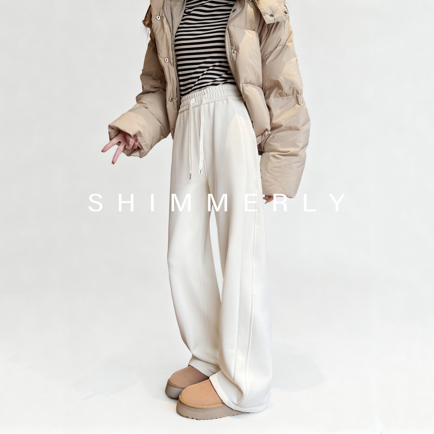 【软糯亲肤棉】白色阔腿裤女加厚冬直筒垂感加长加绒休闲运动裤W,淘宝优惠券,粉丝福利购,淘宝优惠卷