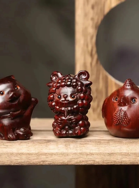十二生肖紫檀木木雕整套摆件实木