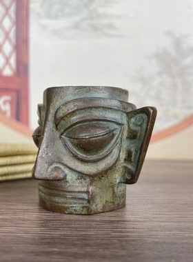 三星堆同款面具铜摆件青铜纵目面具仿古铜器茶台桌面办公室装饰品