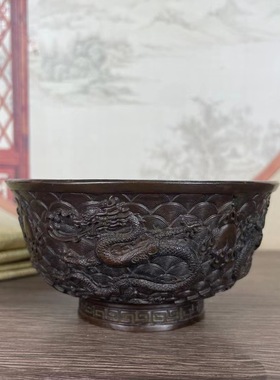 农村收来双龙戏珠碗旧货合金铜大清乾隆年古董老货铜器铜印章摆件