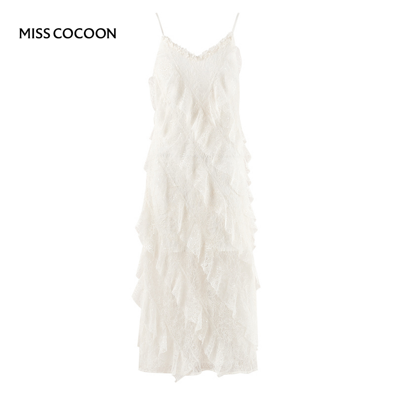 MISSCOCOON绒感蕾丝V领吊带裙层叠花边含内衬春新款,淘宝优惠券,粉丝福利购,淘宝优惠卷