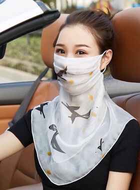 100%桑蚕丝口罩护颈防晒面罩真丝面纱遮脸女丝巾夏季围巾开车薄款