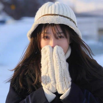White gloves Winter Korean version Lovely minimalist with velvet thickened anti-cold and warm and numb with double knit-to-finger womens gloves