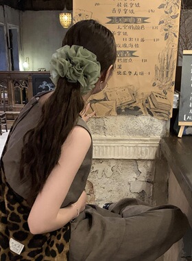 慵懒风绿色缎面轻薄网纱发圈扎发高级感丝绸小众头绳发饰新款