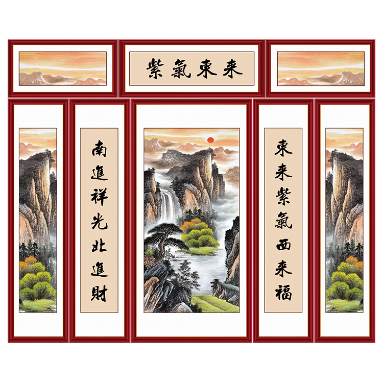 中堂画贴画农村堂屋大气山水迎客松壁画装饰大堂五联字画国画对联 - 图2