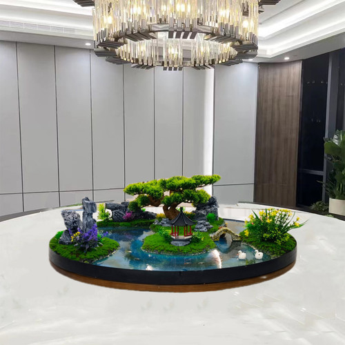 酒店大圆桌装饰摆件新中式餐桌转盘中间摆花圆形桌花微缩景观 - 图0