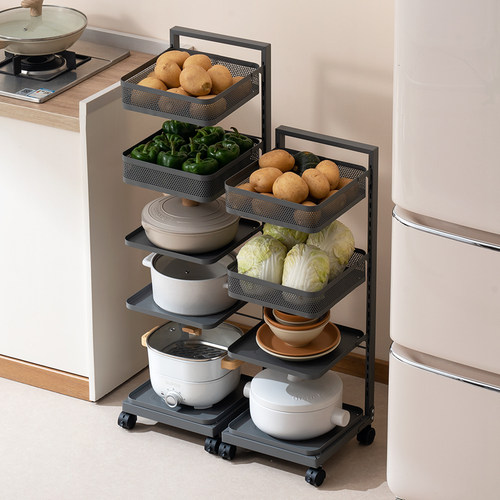 厨房置物架家用落地式锅架多层果蔬菜篮子小推车多功能锅具收纳架 - 图0