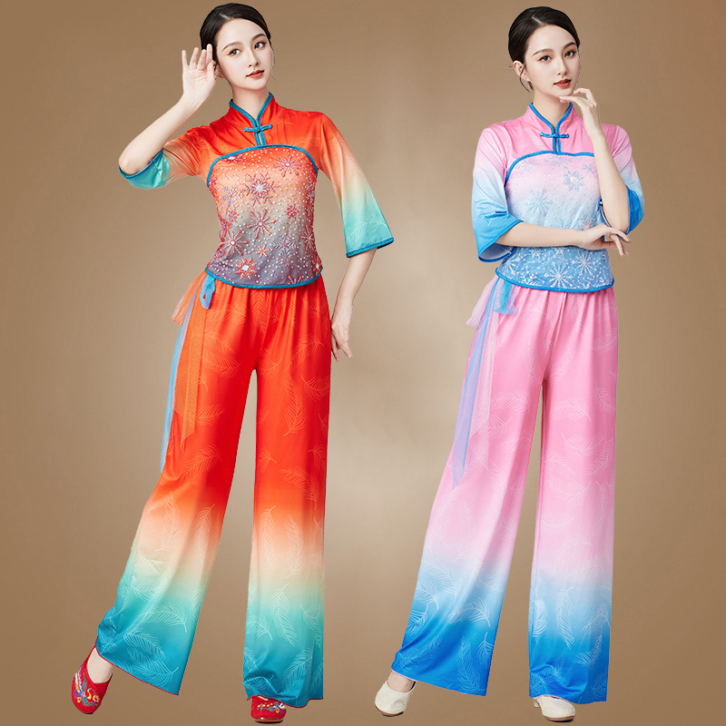 新款广场舞古典中老年扇子舞演出服舞蹈秧歌服装套装 - 图2