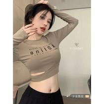 2023 Spring-autumn new black hit undershirt woman inside lap sexy dew navel short and hot girl with long sleeve blouses