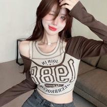 American Retro Collision Color Spring Autumn Long Sleeves T-Shirt Woman Design Sense Short slim fit Ins 100 hitch hot girl blouses