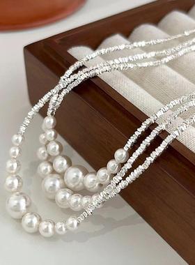 S999足银碎银子珍珠项链简约ins法式高级轻奢女友情人节闺蜜礼物